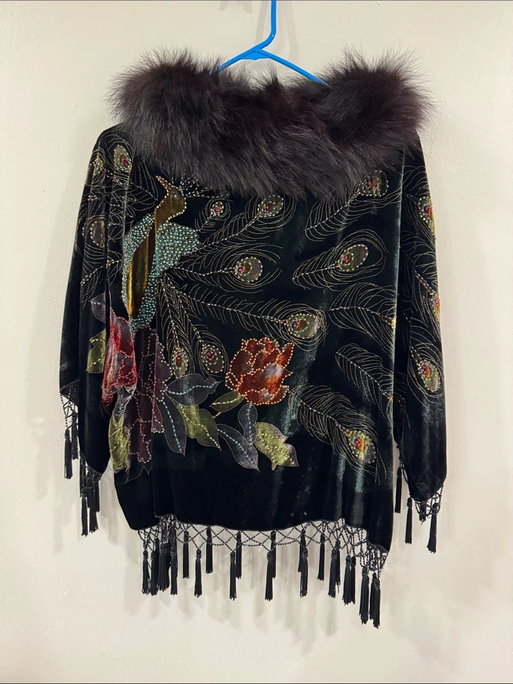 Vintage Johanna Velvet Embroidered Peacock Floral Sweater with Fur Collar tassel